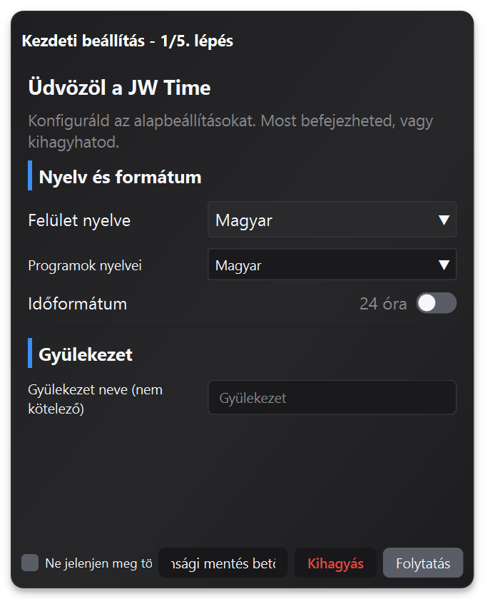 JW Time Első rendszerindítási varázsló