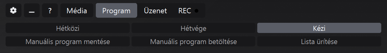Program panel Kézi módban Mentés, Betöltés és Ürítés listával