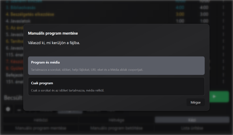 Kézi programmentés felugró ablak, ahol választhat az átlagot és az időt tartalmazó program között