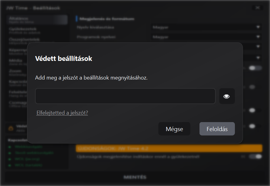 Jelszókérés a Beállítások feloldásához