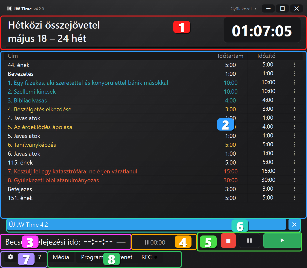 JW Time főképernyő számozott területekkel