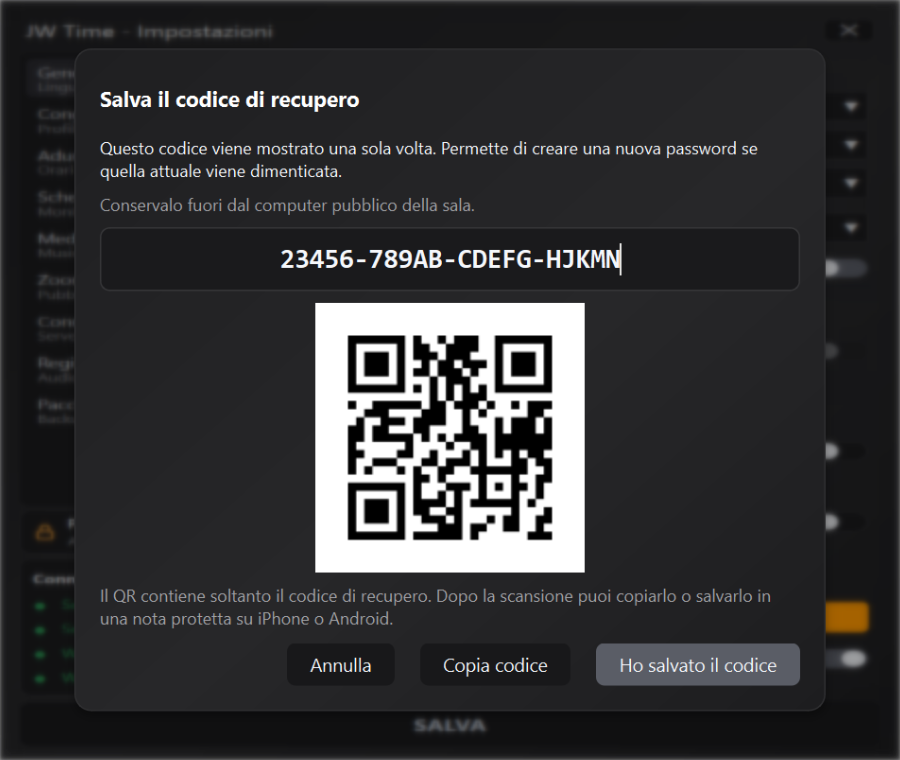 Codice di recupero e QR della Protezione Impostazioni