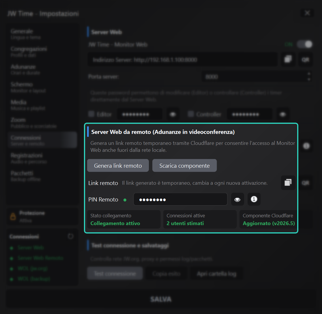 Pannello Connessioni con accesso remoto evidenziato