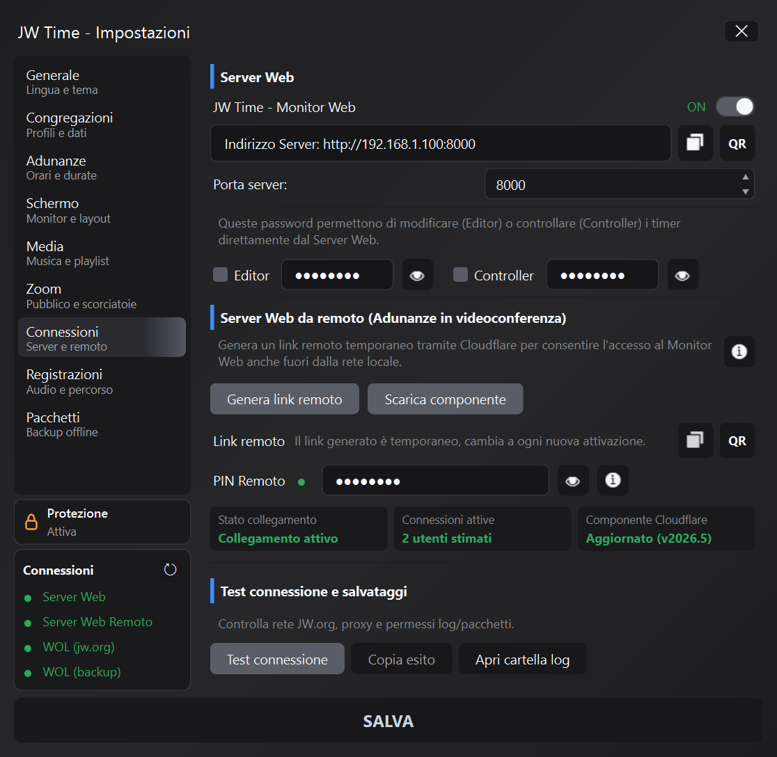 Pannello Connessioni di JW Time