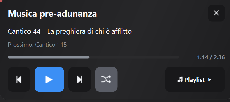 Pannello musica pre-adunanza della finestra Media