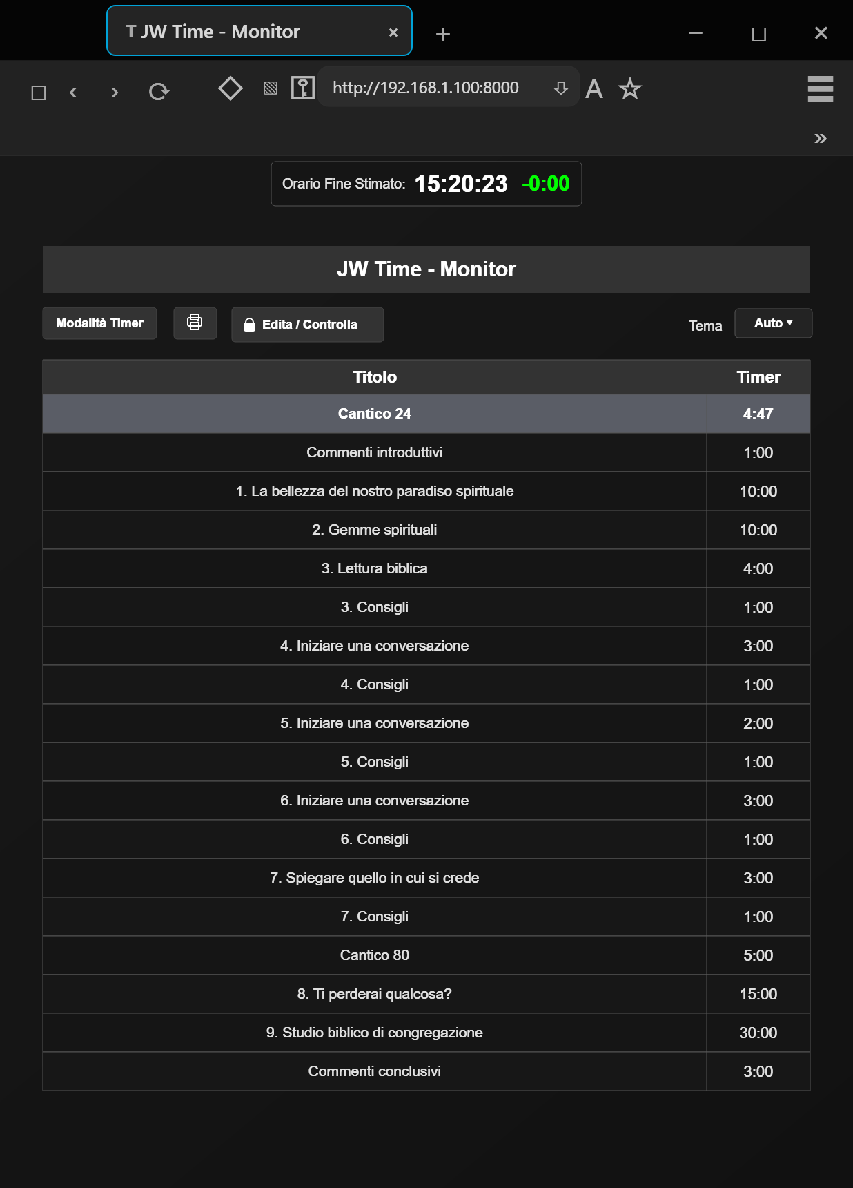 Monitor Web di JW Time visto da browser