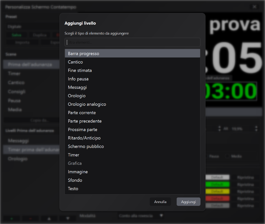 Dialog Aggiungi livello con i tipi di elemento disponibili nello Schermo Contatempo