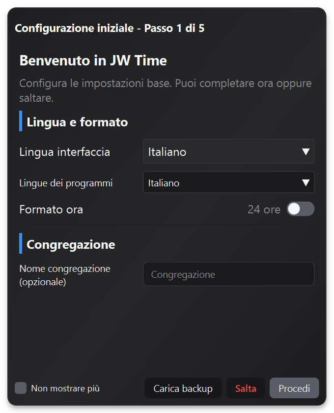Wizard di primo avvio di JW Time