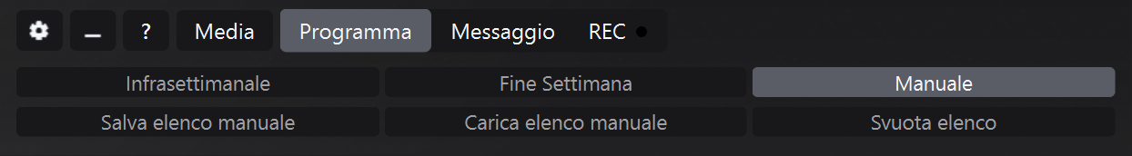 Pannello Programma in modalità Manuale con Salva, Carica e Svuota elenco