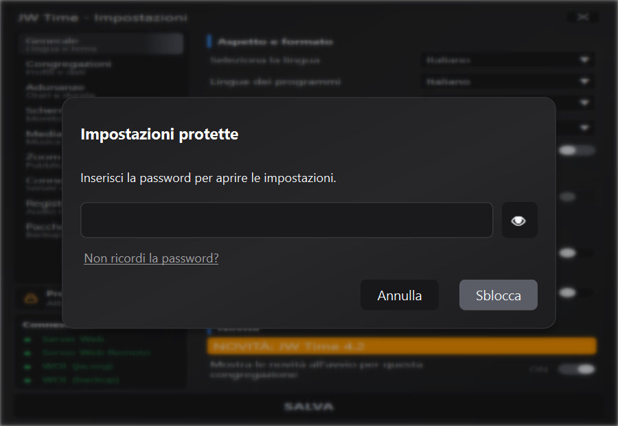 Richiesta password per sbloccare le Impostazioni