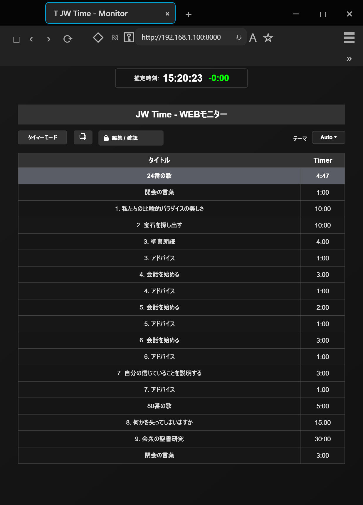 ブラウザーで表示したJW TimeのWebモニター