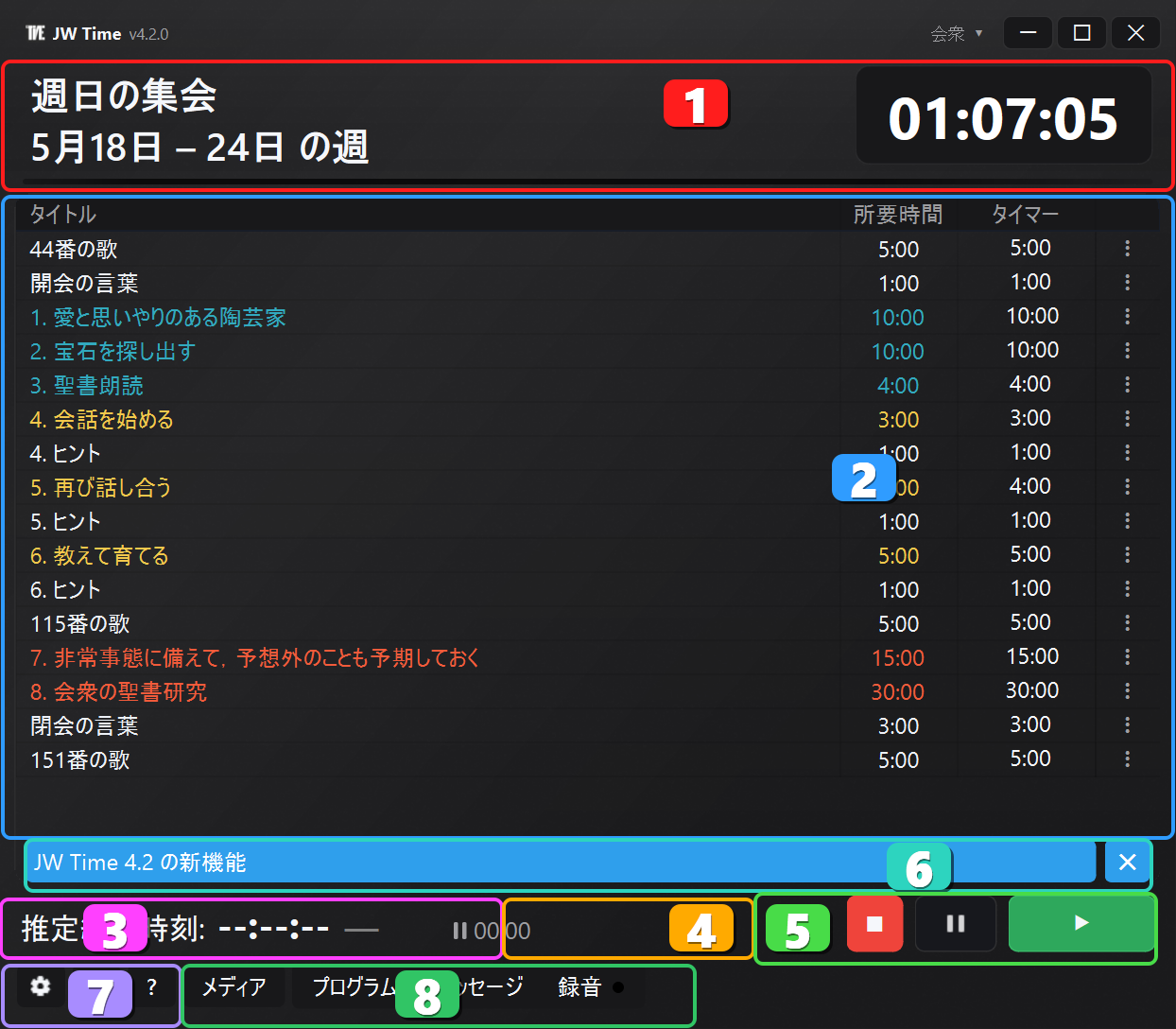 番号付きエリアが表示されたJW Timeのメイン画面