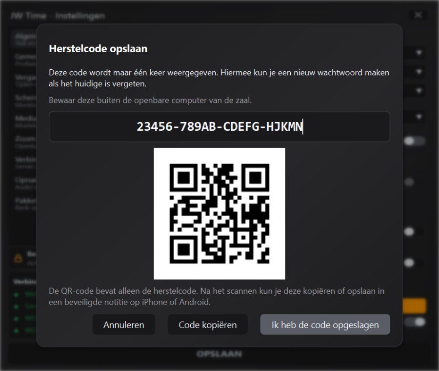 Herstelcode en QR-code voor de beveiliging van Instellingen