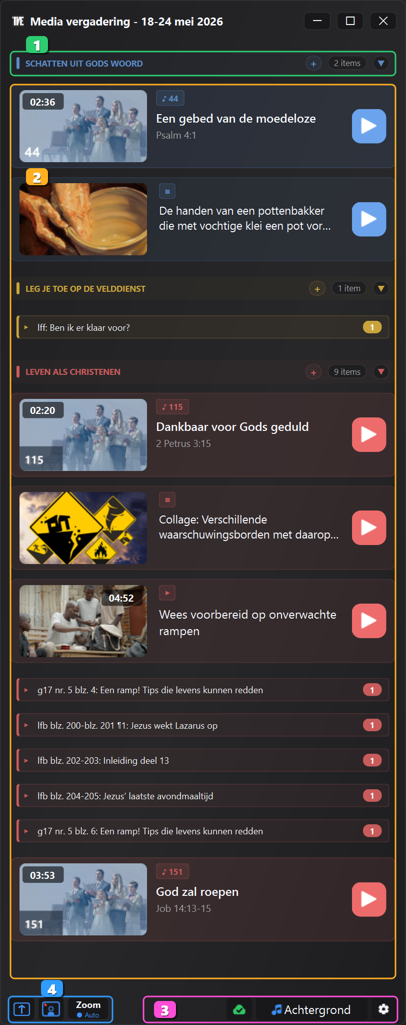 Media-venster van JW Time 4.0 met genummerde hoofdgebieden