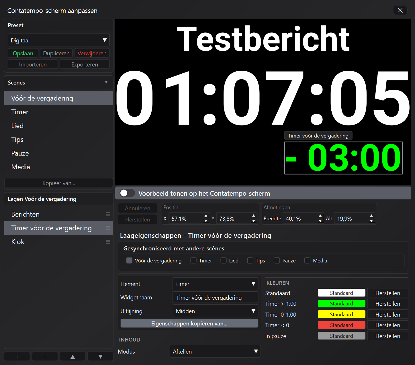 Editor voor aanpassing van het Contatempo-scherm
