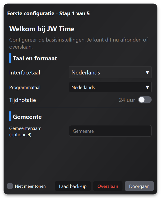 Wizard di primo avvio di JW Time
