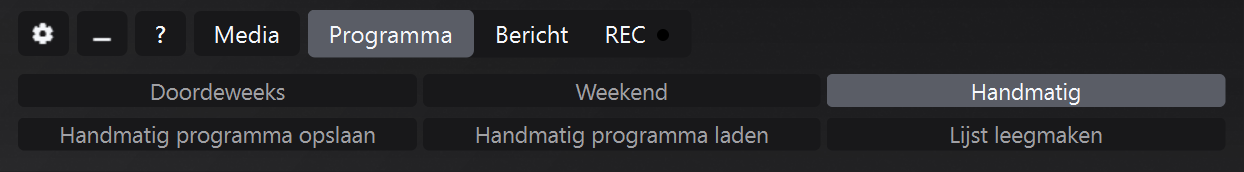 Programmapaneel in handmatige modus met Opslaan, Laden en Lijst wissen