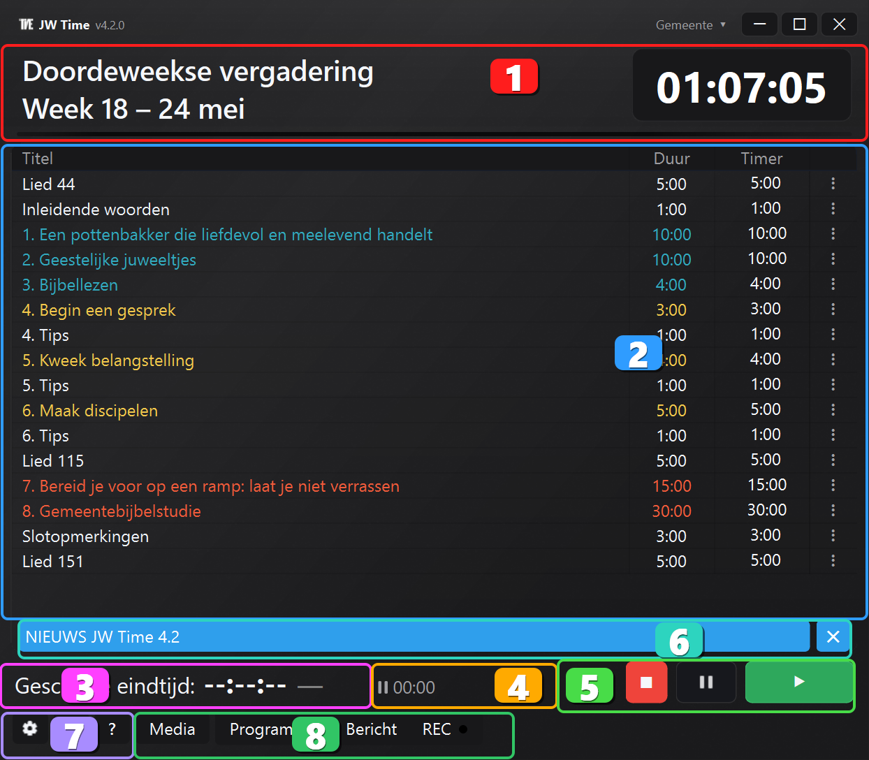 Schermata principale di JW Time con aree numerate