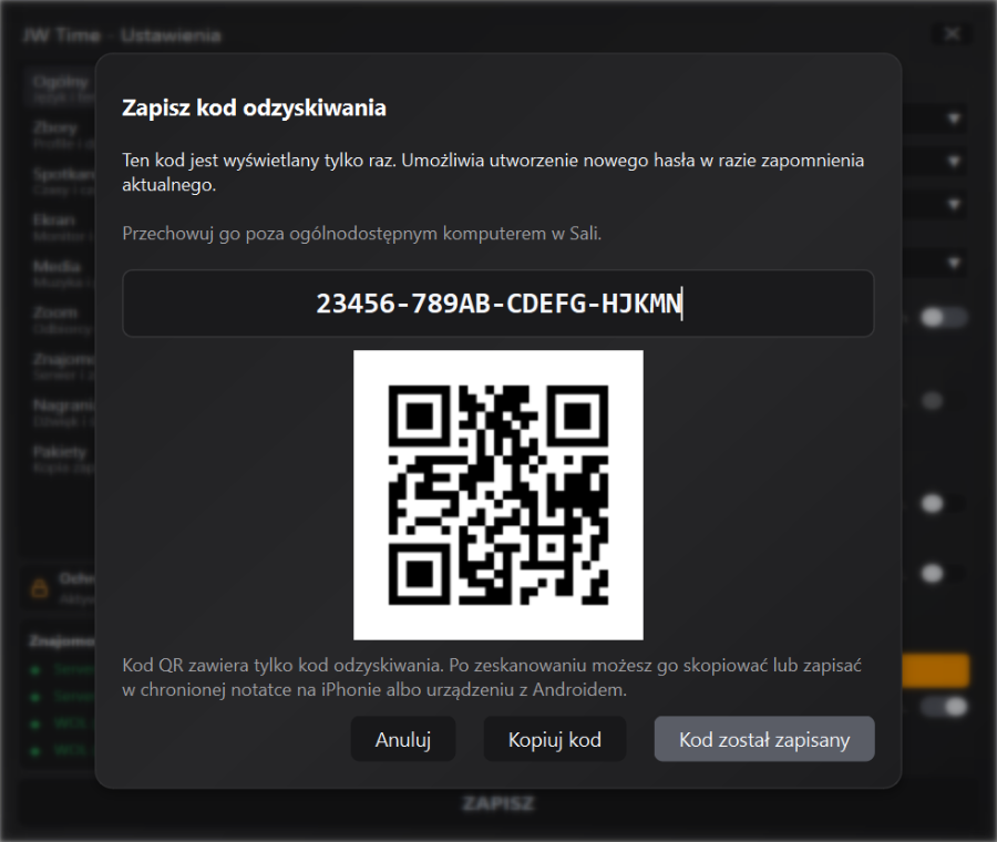 Kod odzyskiwania i kod QR ochrony Ustawień