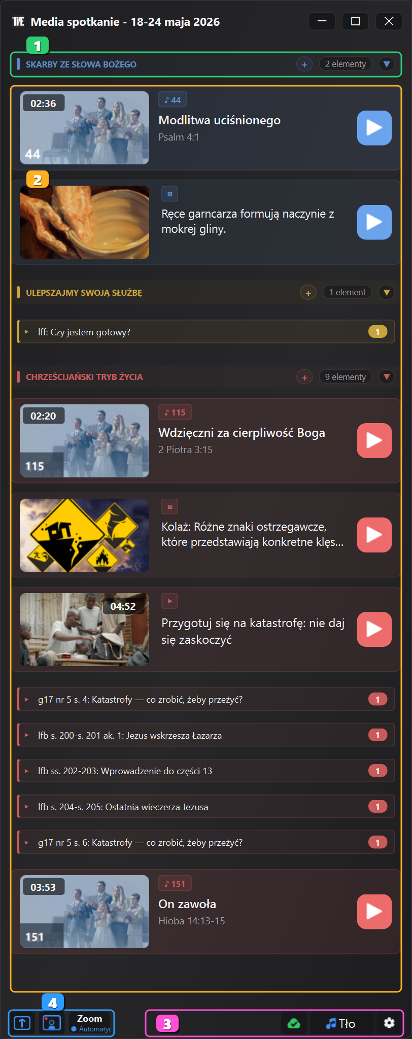 Media z JW Time 4.0 okno z ponumerowanymi obszarami głównymi
