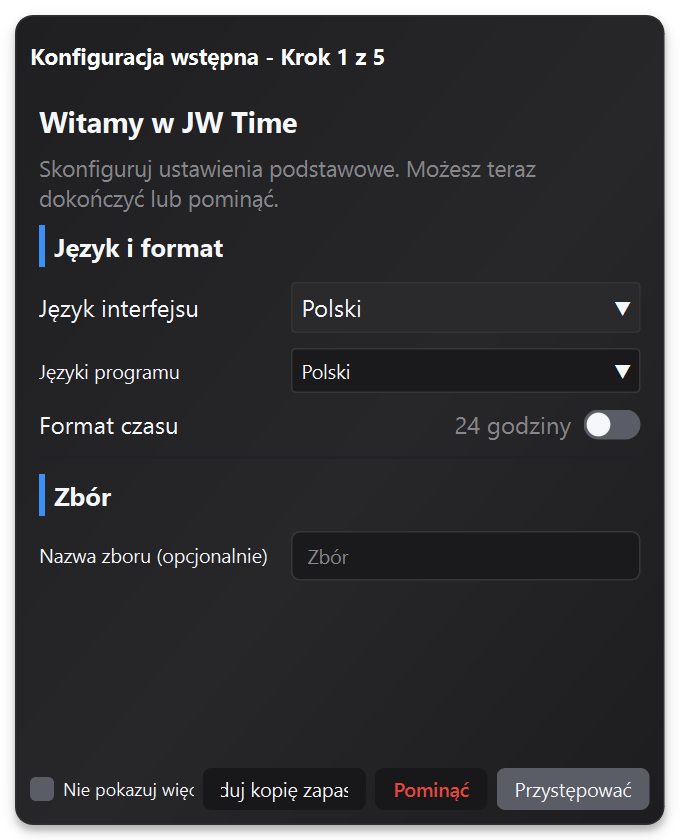 JW Time Kreator pierwszego uruchomienia