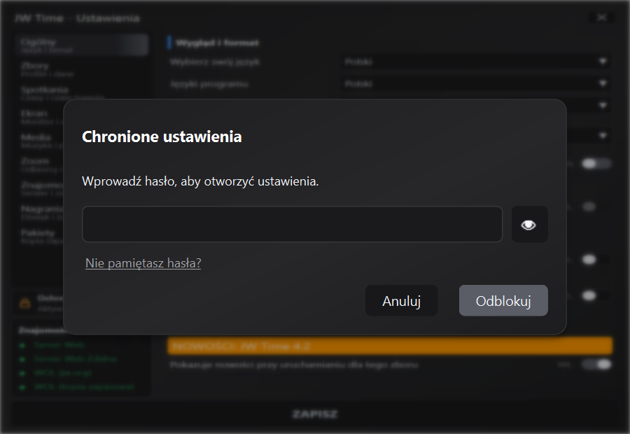 Prośba o hasło do odblokowania Ustawień
