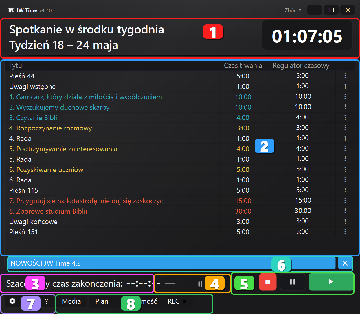 JW Time ekran główny z ponumerowanymi obszarami