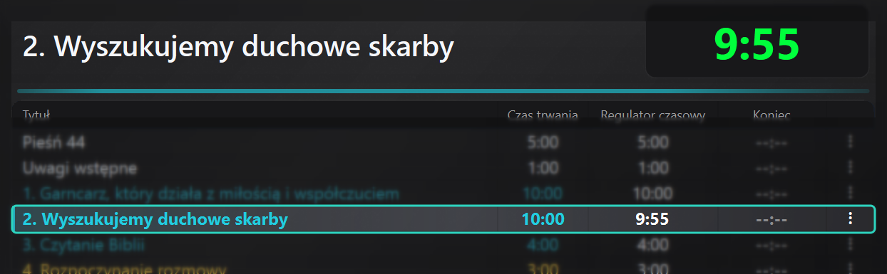 Aktywny wiersz podświetlony w tabeli licznika czasu