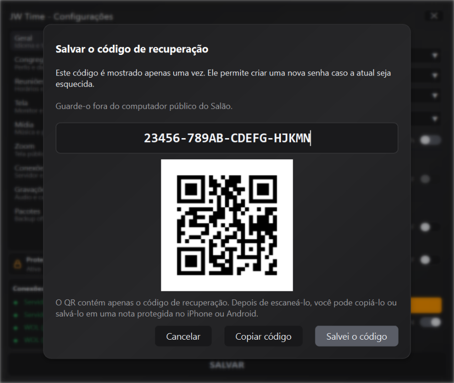 Código de recuperação e QR code da proteção das Configurações