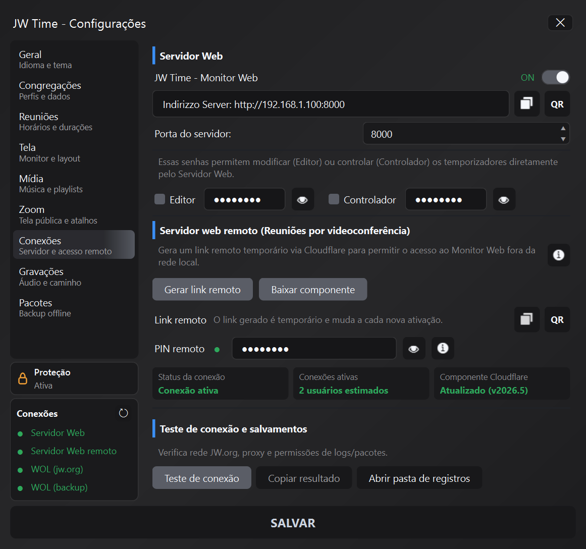 Painel de conexões do JW Time