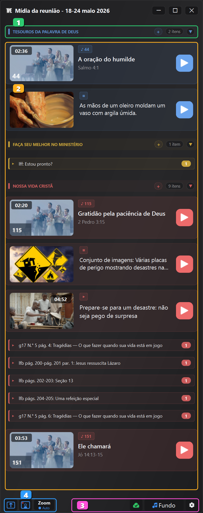 JW Time 4.0 Janela Mídia com áreas principais numeradas