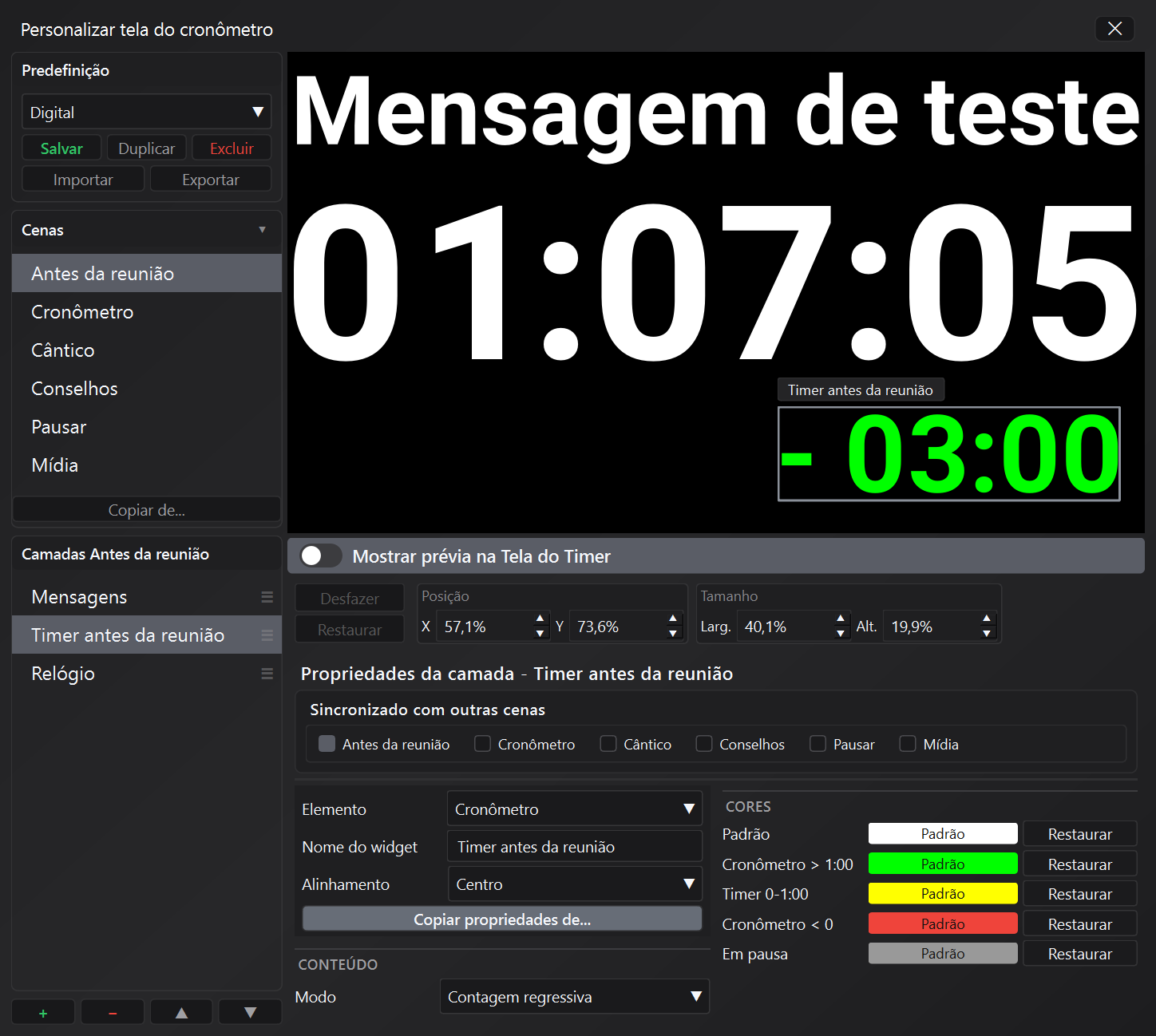 Editor de personalização da tela do contador de tempo