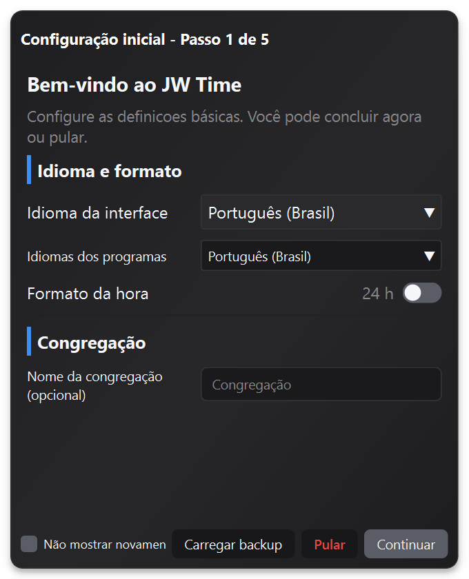 Assistente de primeira inicialização do JW Time