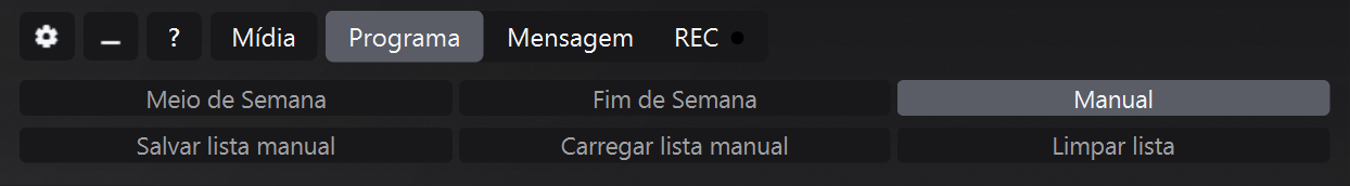 Painel de programação em modo Manual com lista Salvar, Carregar e Esvaziar