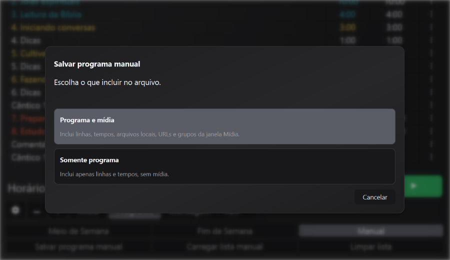 Popup de salvamento manual de programa com escolha entre programa apenas com média e tempos