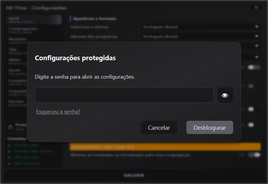 Solicitação de senha para desbloquear as Configurações