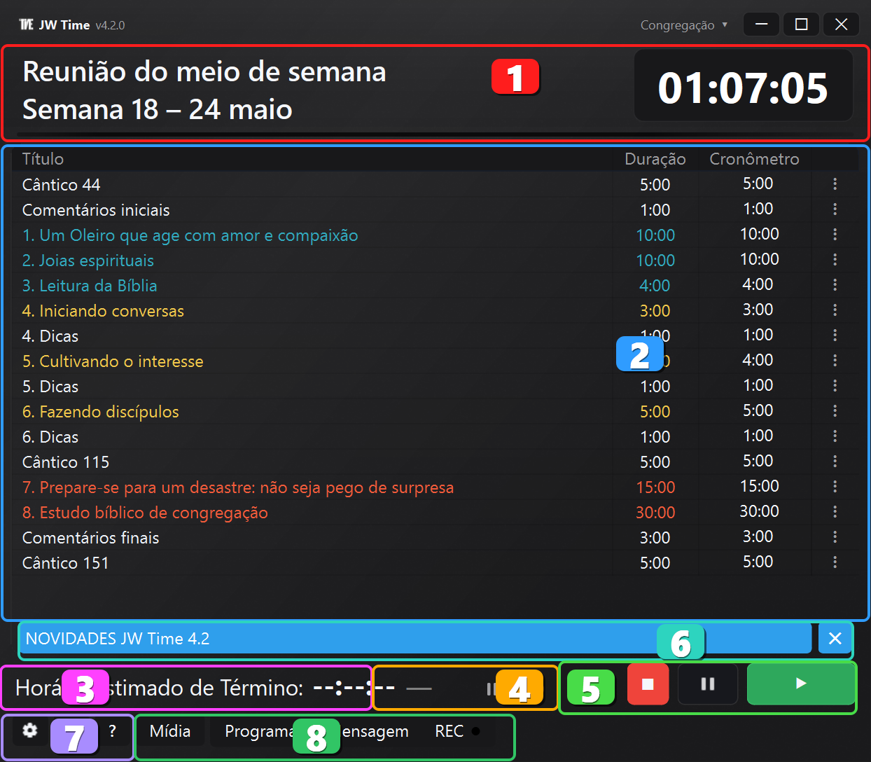 Tela principal do JW Time com áreas numeradas