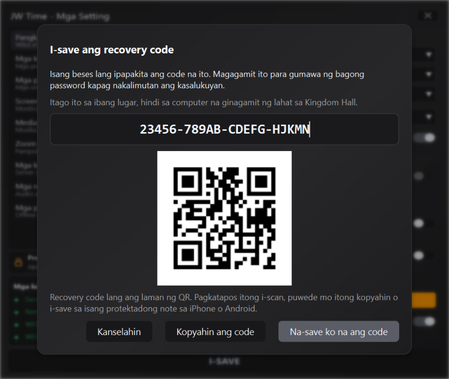 Recovery code at QR code ng proteksiyon ng Mga Setting