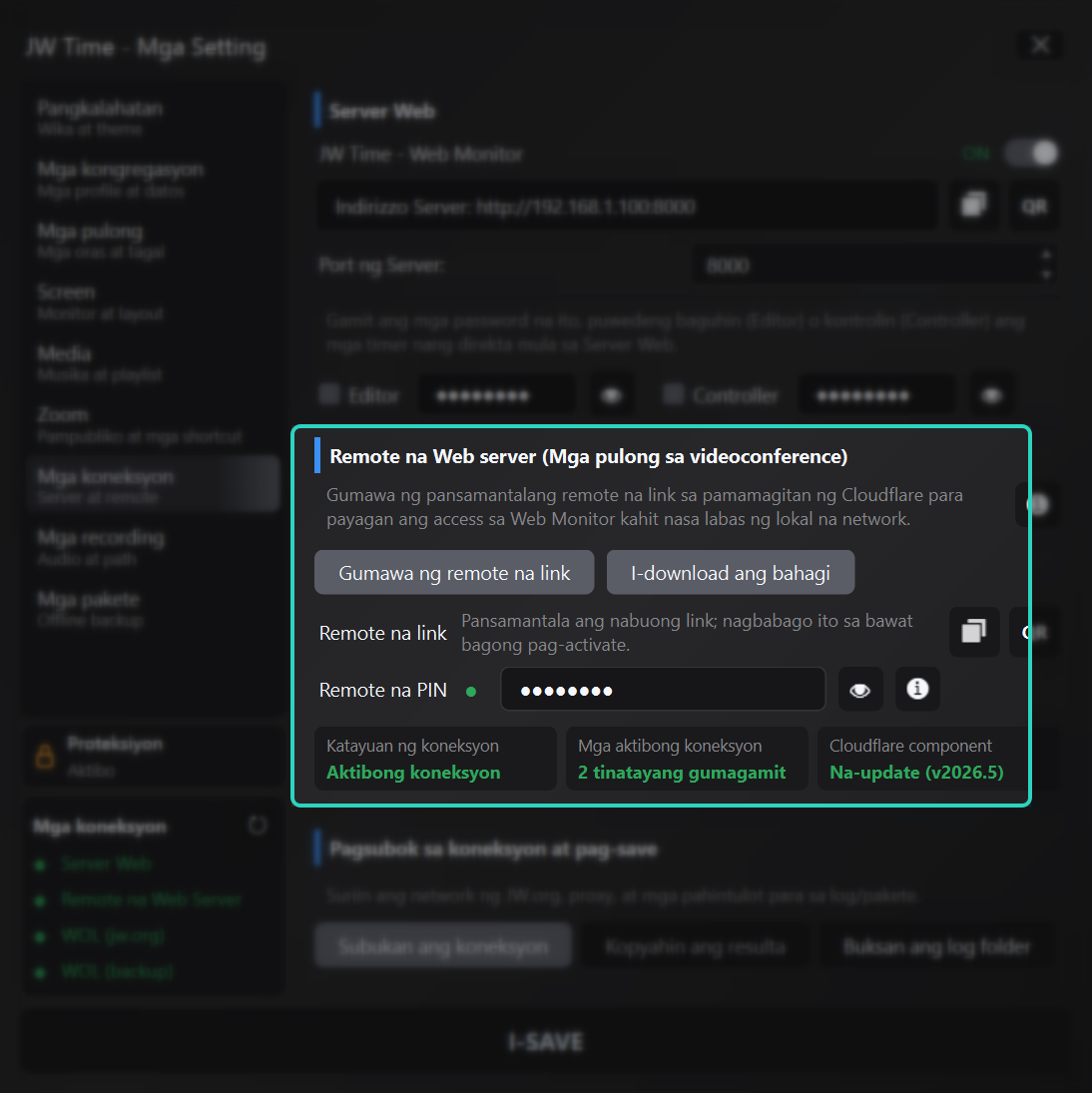 Panel ng Mga Koneksyon na naka-highlight ang remote na access