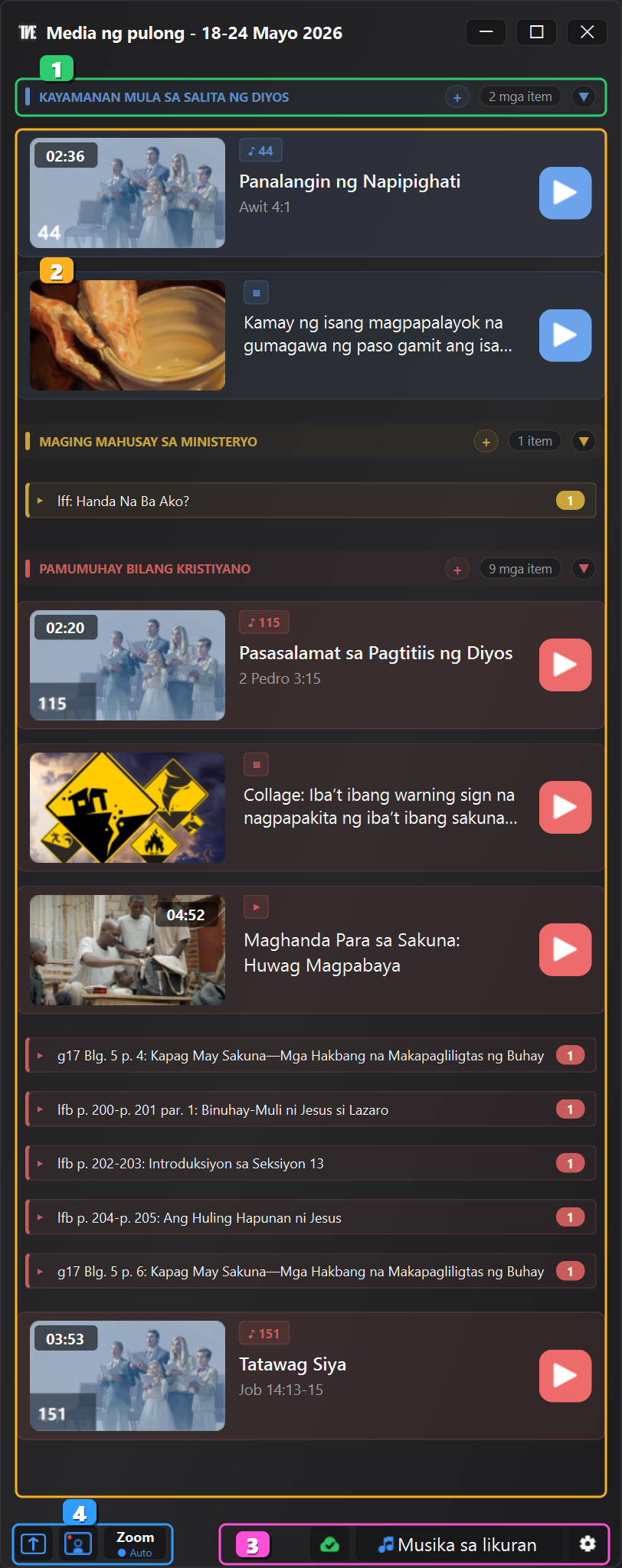 Window ng Media ng JW Time 4.0 na may mga pangunahing area na numerado