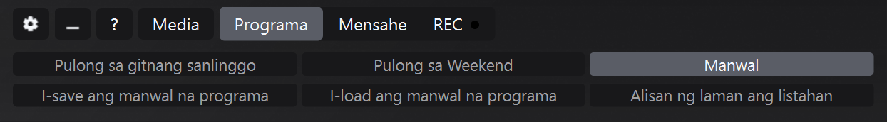 Panel ng Programa sa Manual mode na may I-save, I-load at I-clear ang listahan