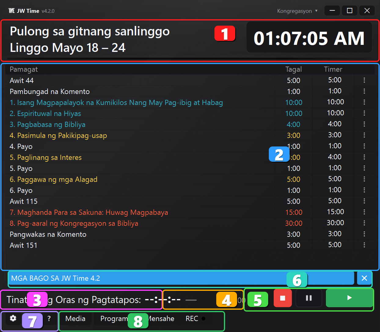 Pangunahing screen ng JW Time na may mga numeradong area